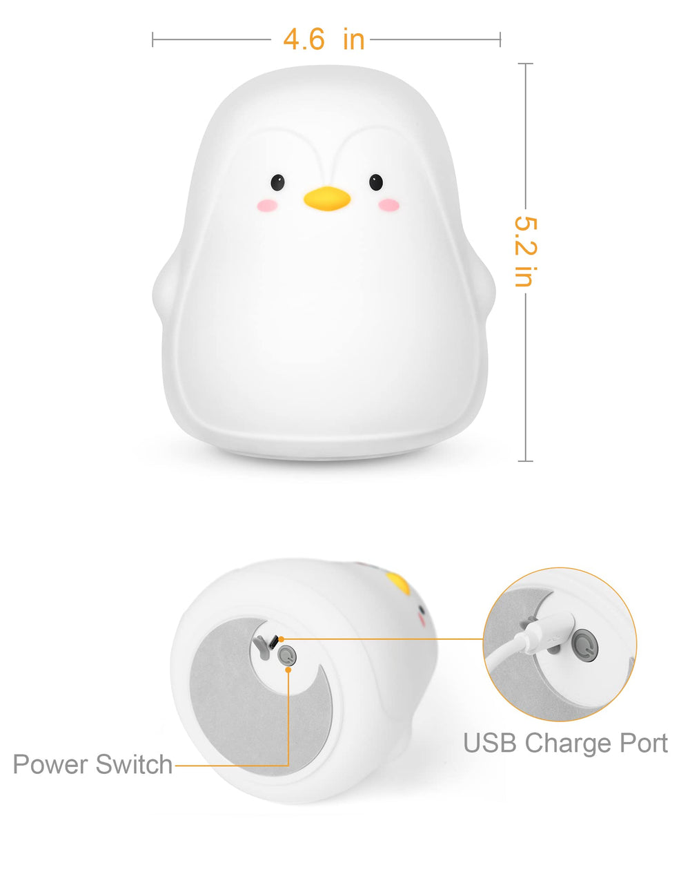 Lueudu Penguin Night Light charging and built-in 1200mAh battery for long nights.