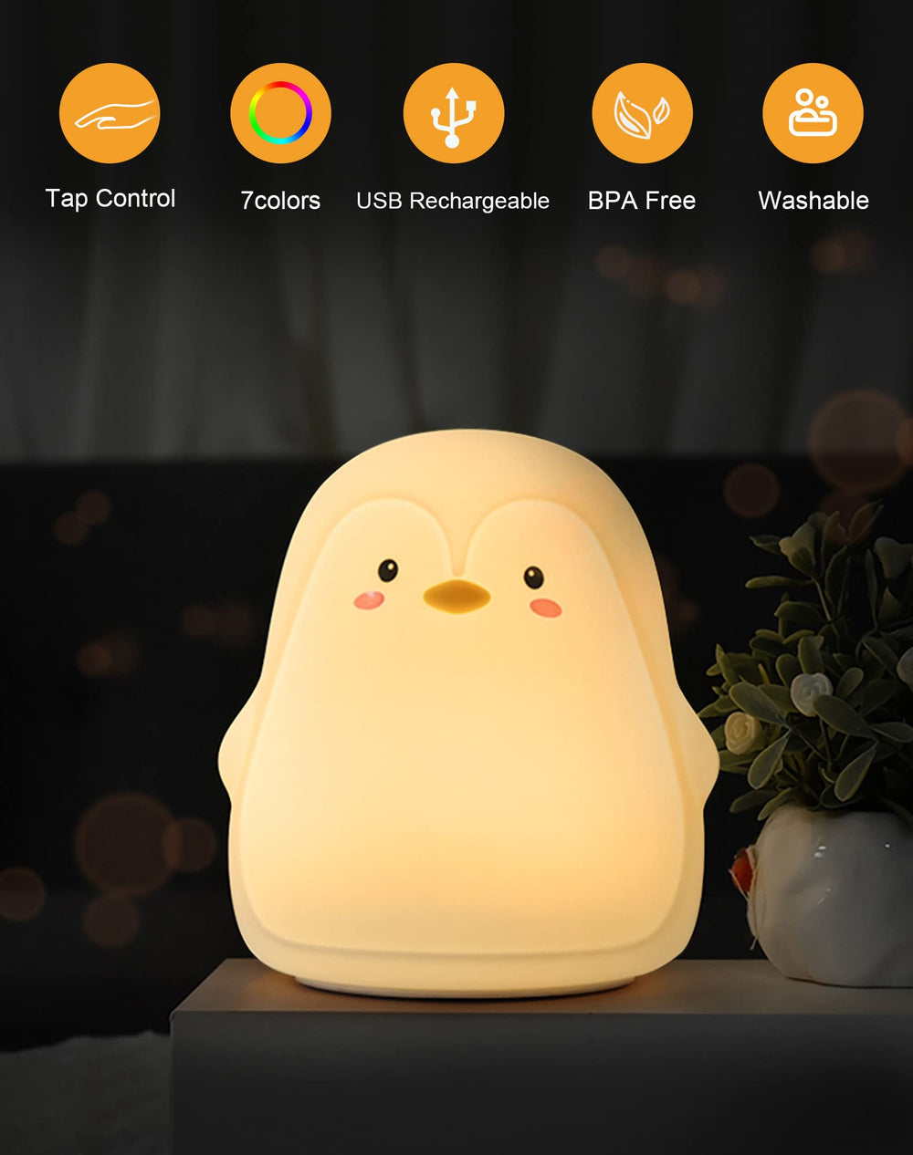 Lueudu Penguin Night Light color modes image demonstrates 7-color breathing and warm white options.
