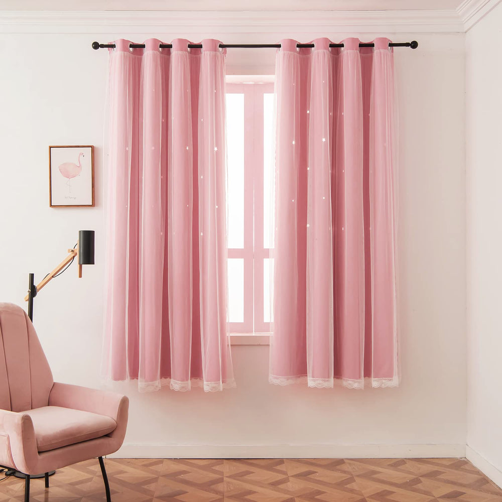 LUGOTAL Pink Curtains star cutout pattern creates playful star shadows across walls.