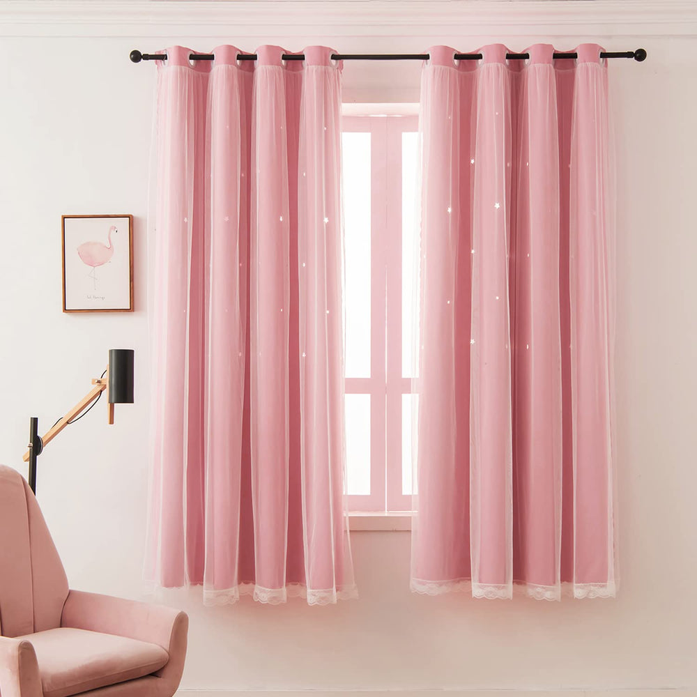 LUGOTAL pink star-cutout curtain hanging with grommets demonstrates easy installation.