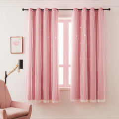 LUGOTAL pink star-cutout curtain hanging with grommets demonstrates easy installation.