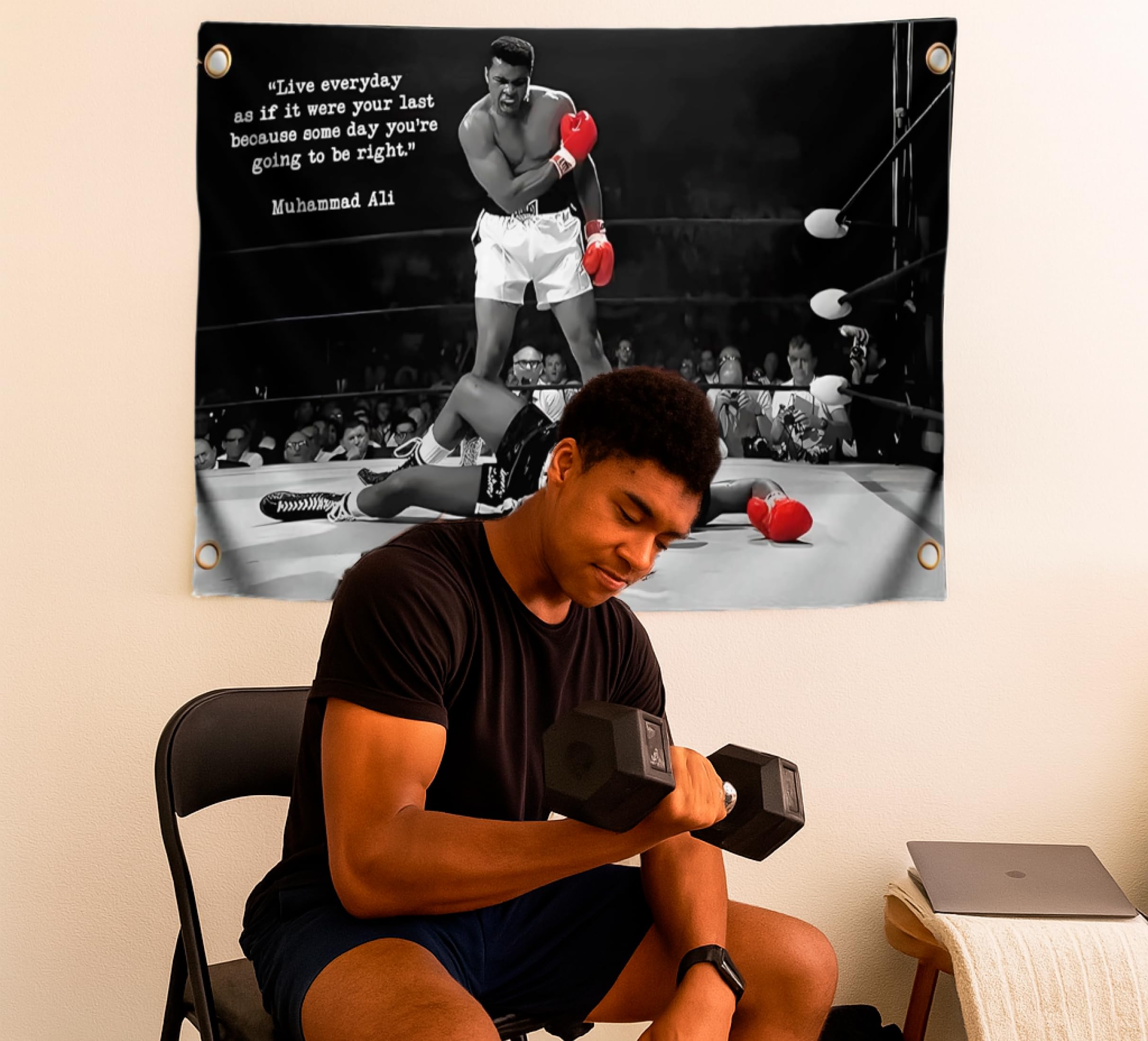 LUIVI boxing-themed flag adds a strong focal point in a teen room.