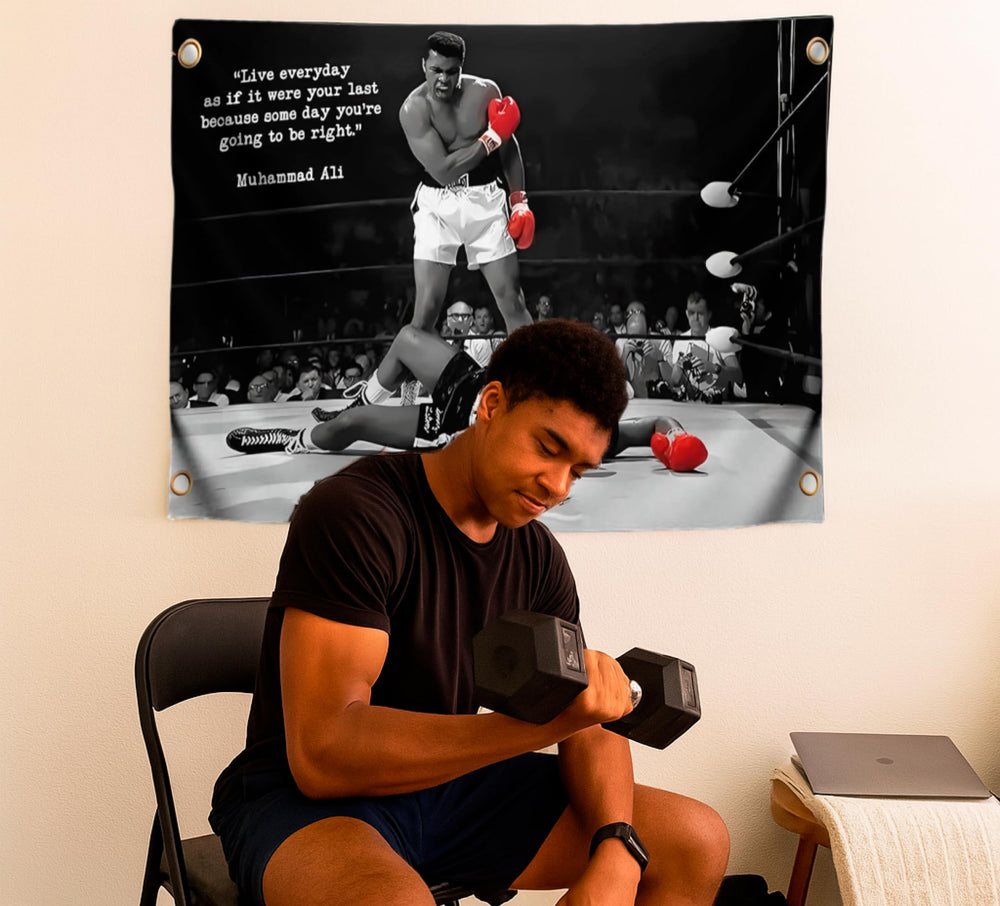 LUIVI boxing-themed flag adds a strong focal point in a teen room.
