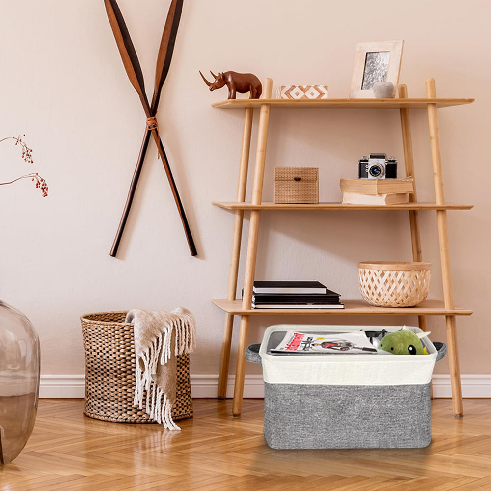 Lukeline faux linen gray and white basket—classic modern decor accent.