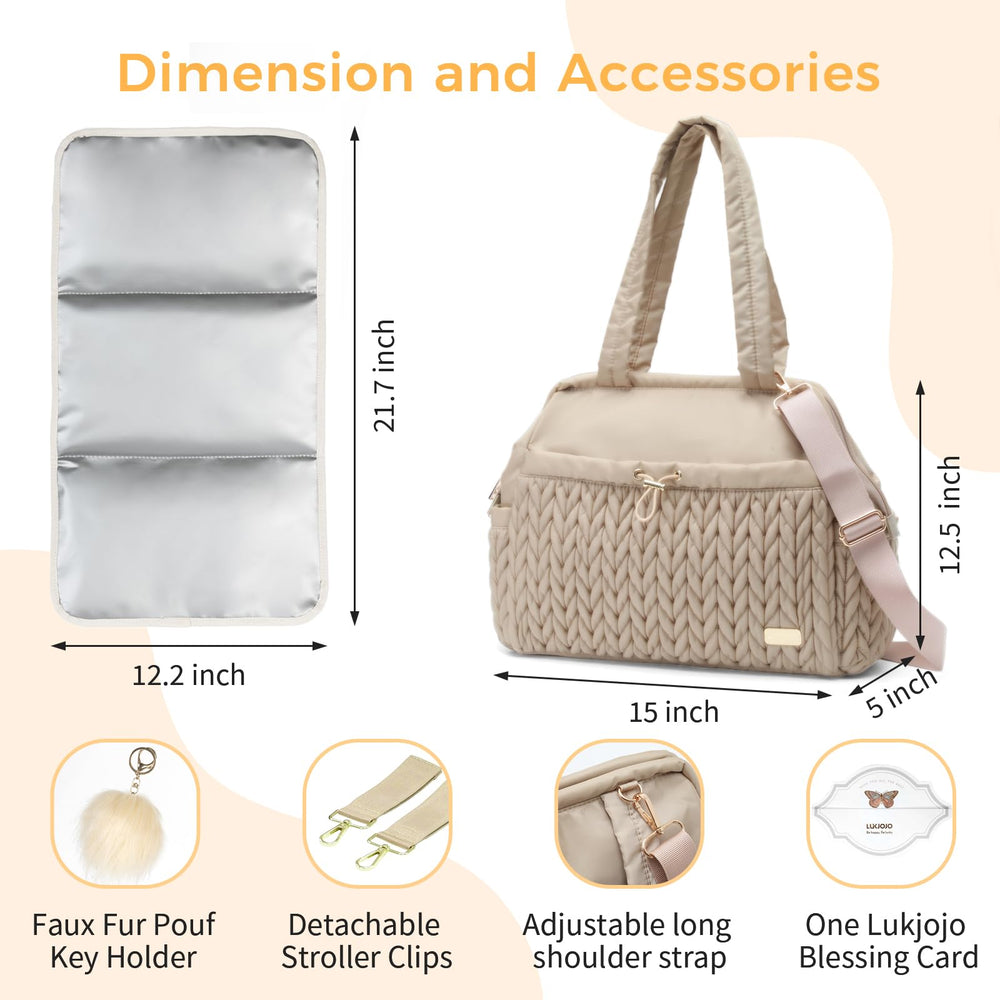 LUKJOJO Asha diaper bag tote rear pocket stores a diaper changing pad