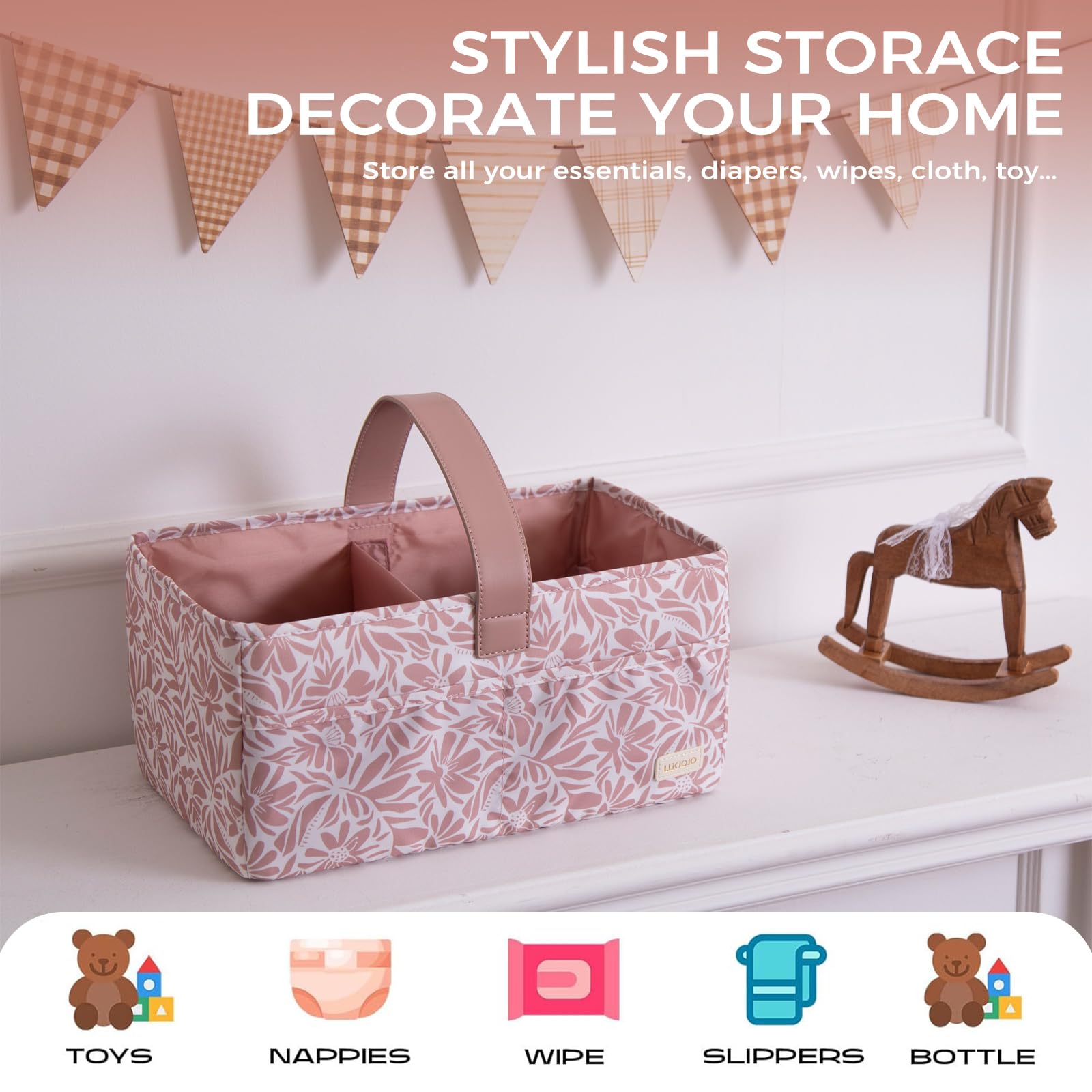 LUKJOJO Floral Diaper Caddy Compartments Organized for quick access to baby items.