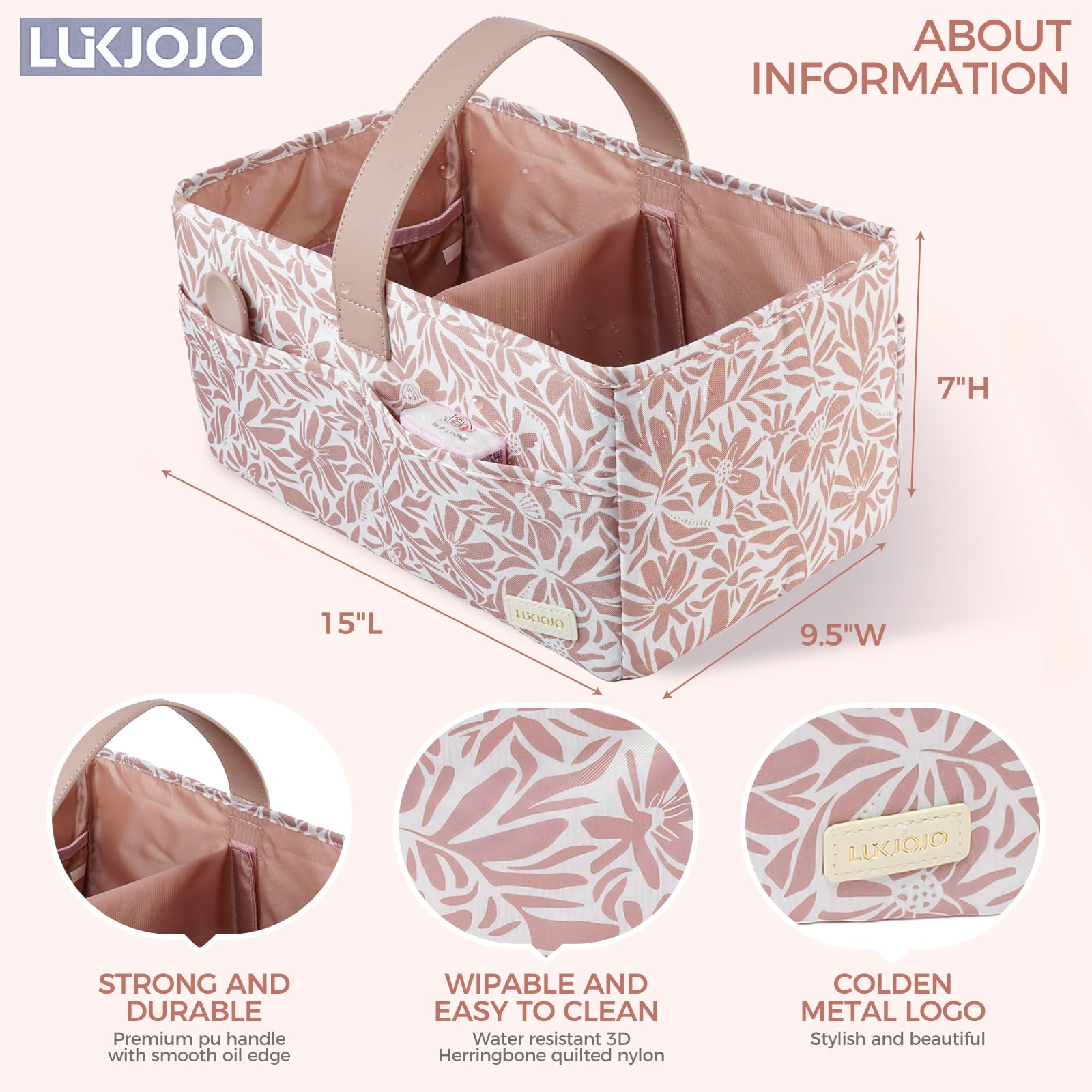 LUKJOJO Floral Diaper Caddy Handles portable design for on-the-go diaper changes.