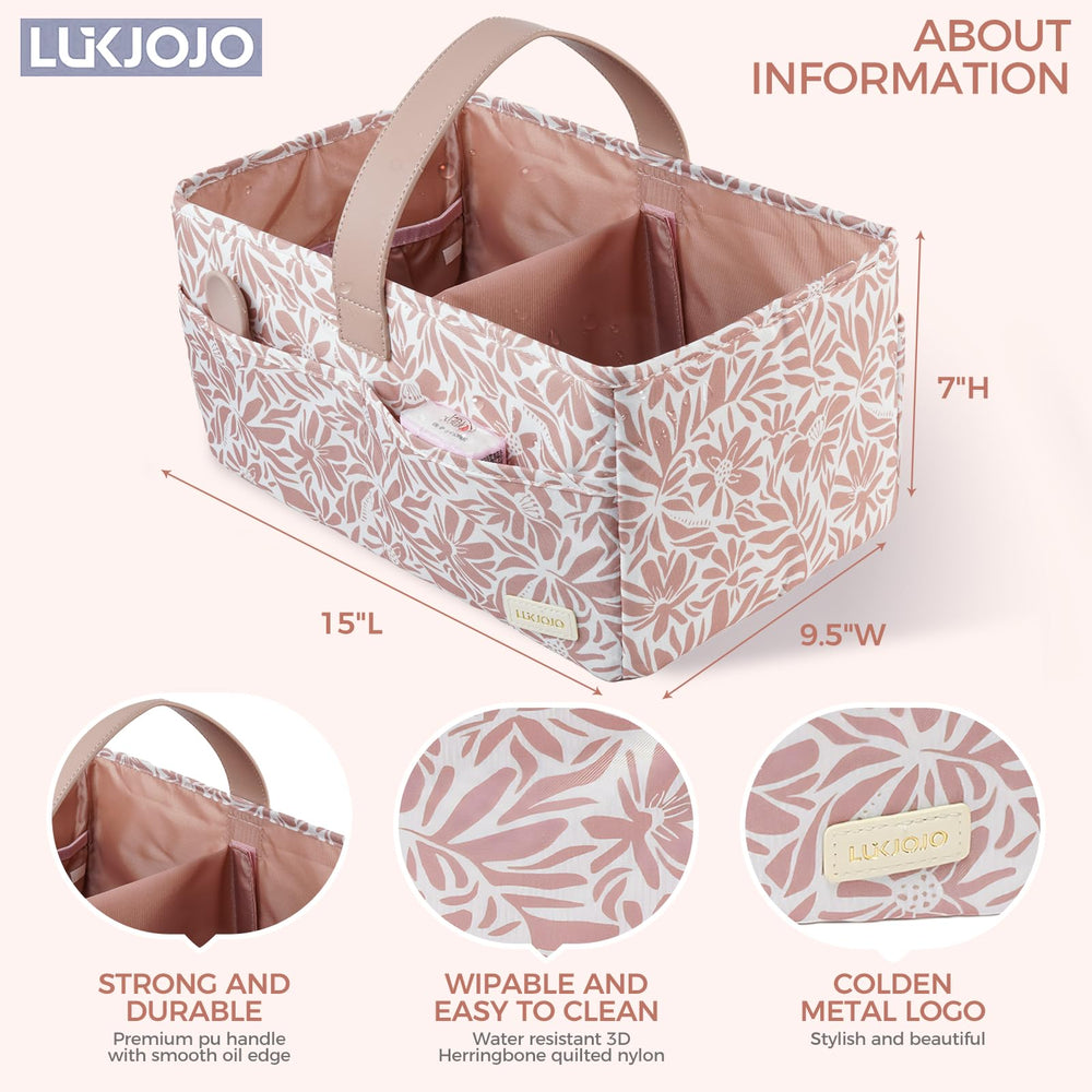 LUKJOJO Floral Diaper Caddy Handles portable design for on-the-go diaper changes.