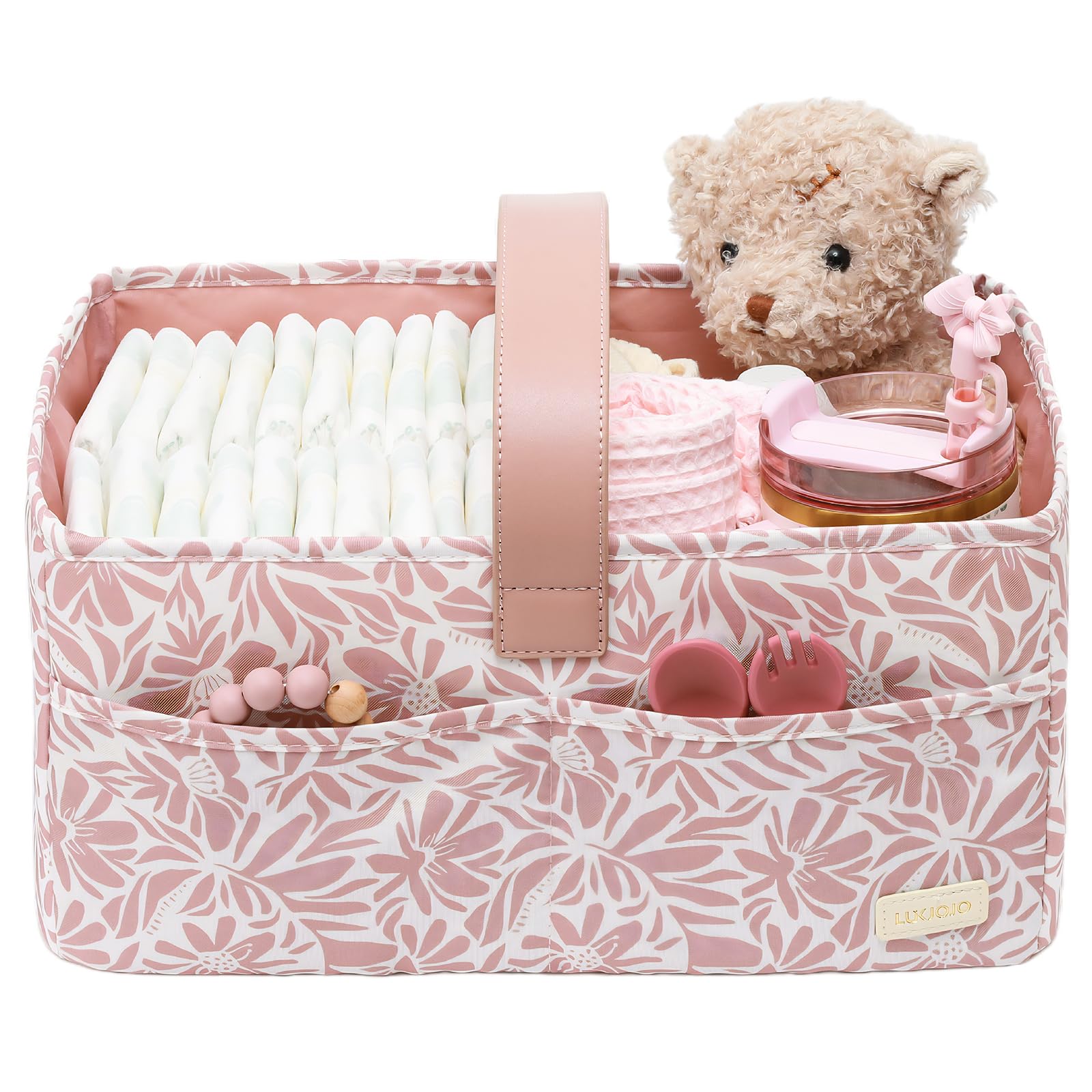 LUKJOJO Floral Diaper Caddy Pink keeps diapers and wipes within easy reach.