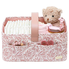 LUKJOJO Floral Diaper Caddy Pink keeps diapers and wipes within easy reach.
