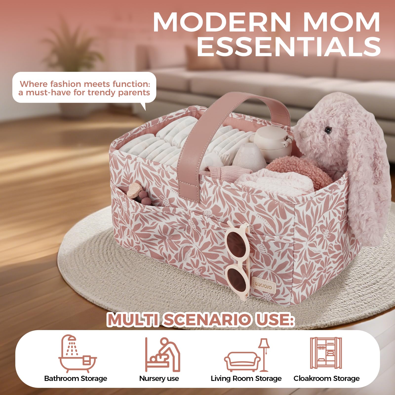 LUKJOJO Floral Diaper Caddy Water-Resistant fabric resists spills for easy cleanup.