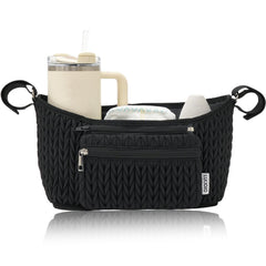 LUKJOJO stroller organizer shows 3D herringbone quilting for stylish daily use.