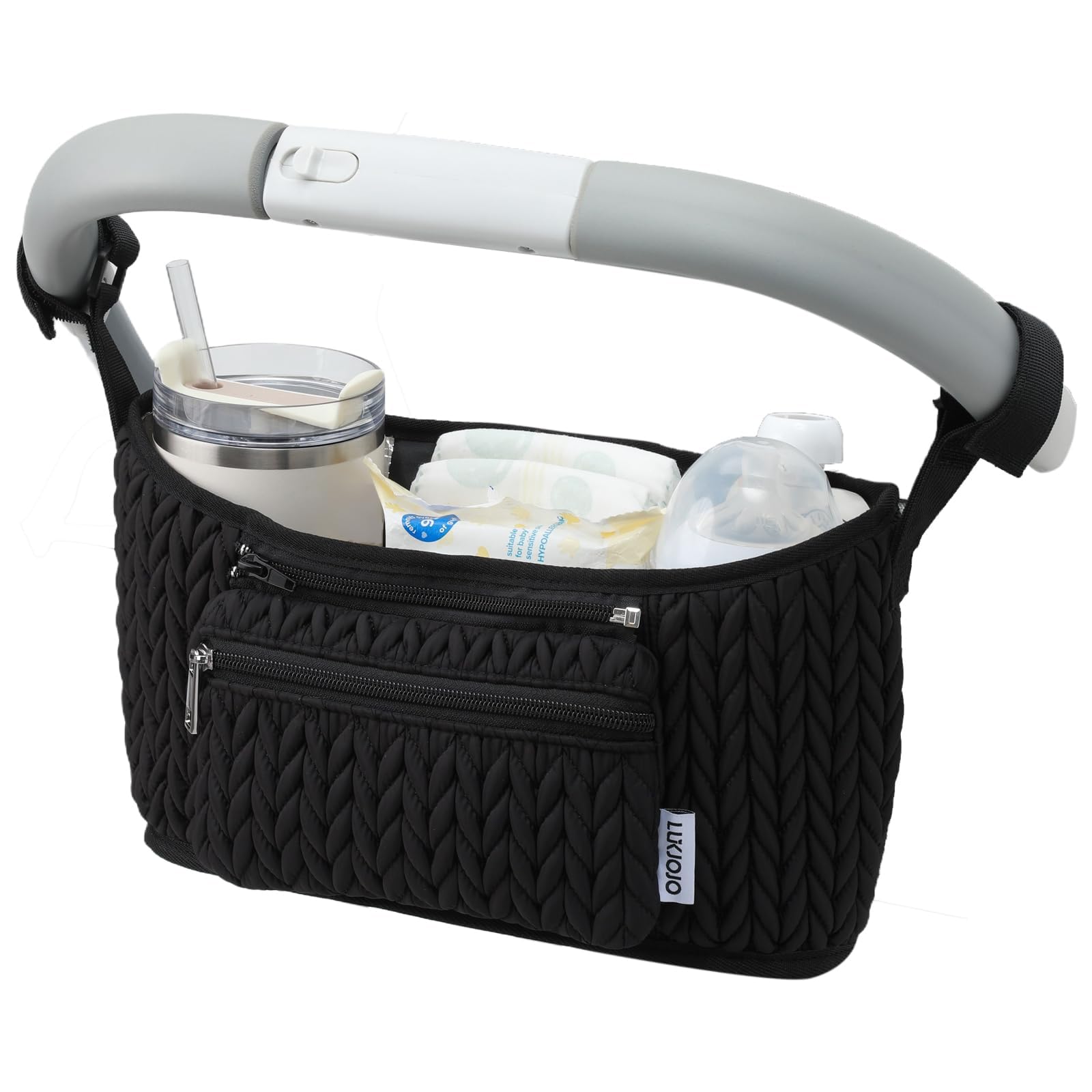 LUKJOJO stroller organizer with 3D herringbone quilting adds style during daily strolls.