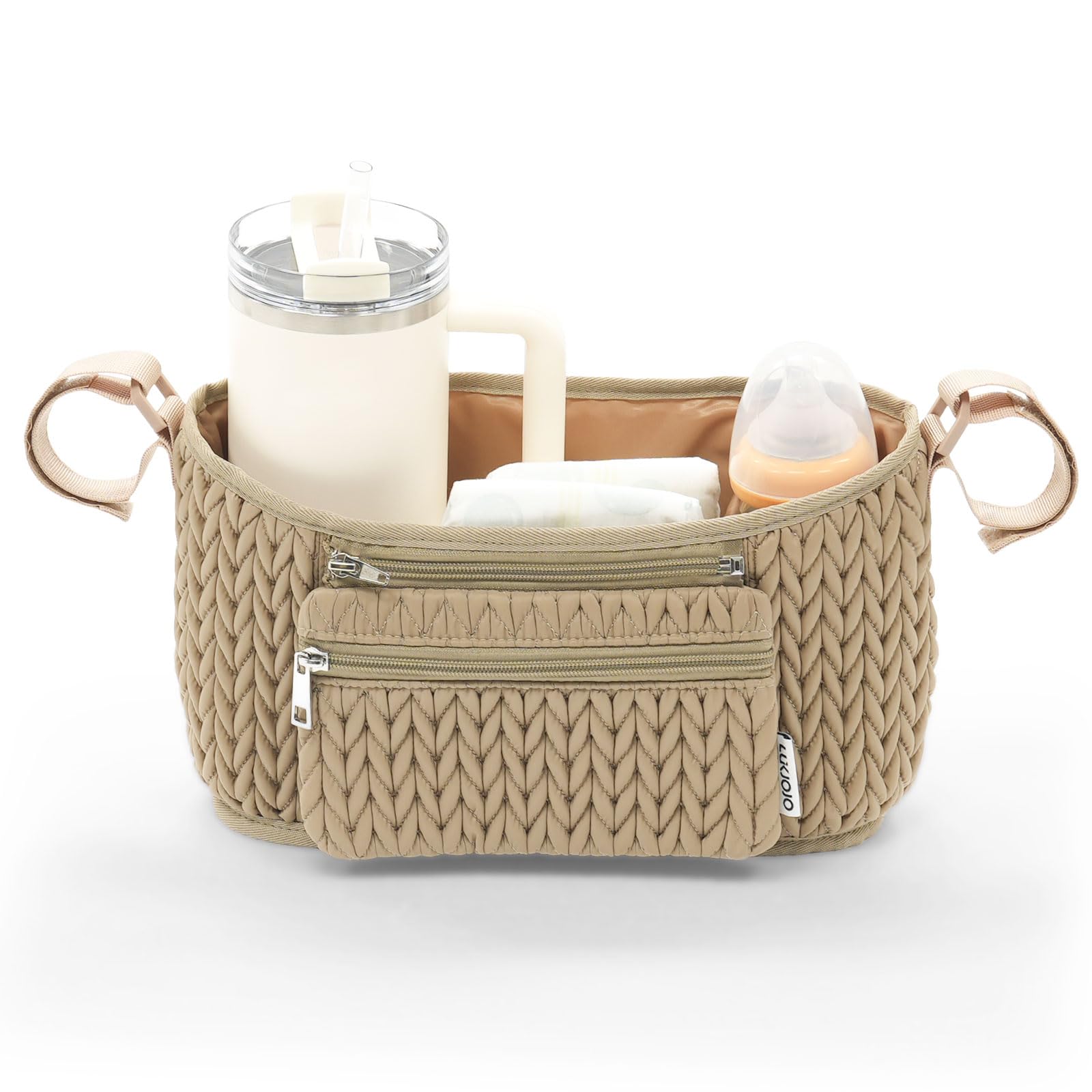 LUKJOJO Stroller Organizer with 3D herringbone storage for on-the-go baby items.
