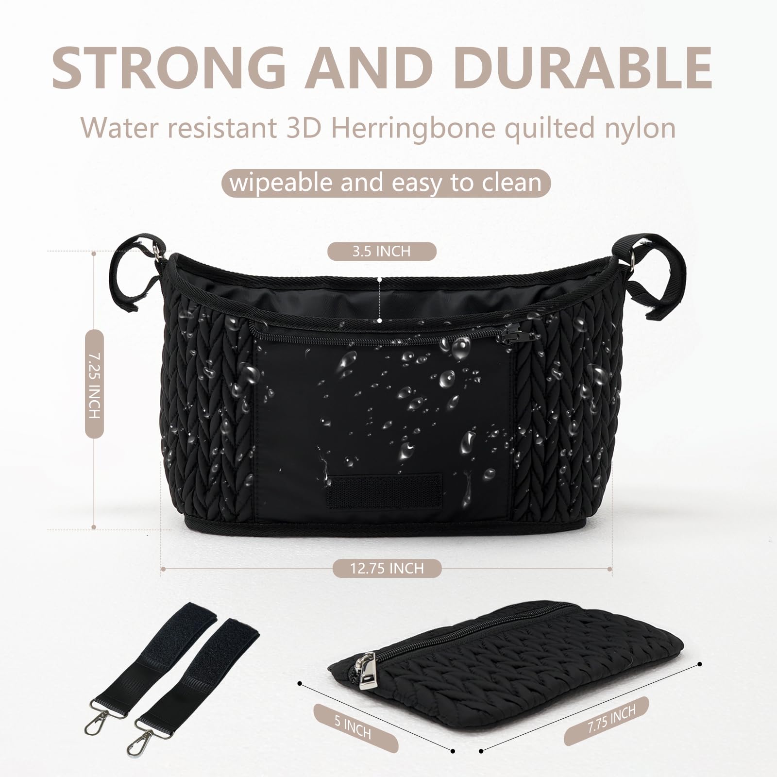 LUKJOJO stroller organizer with adjustable dividers adapts to large items like a big bottle.