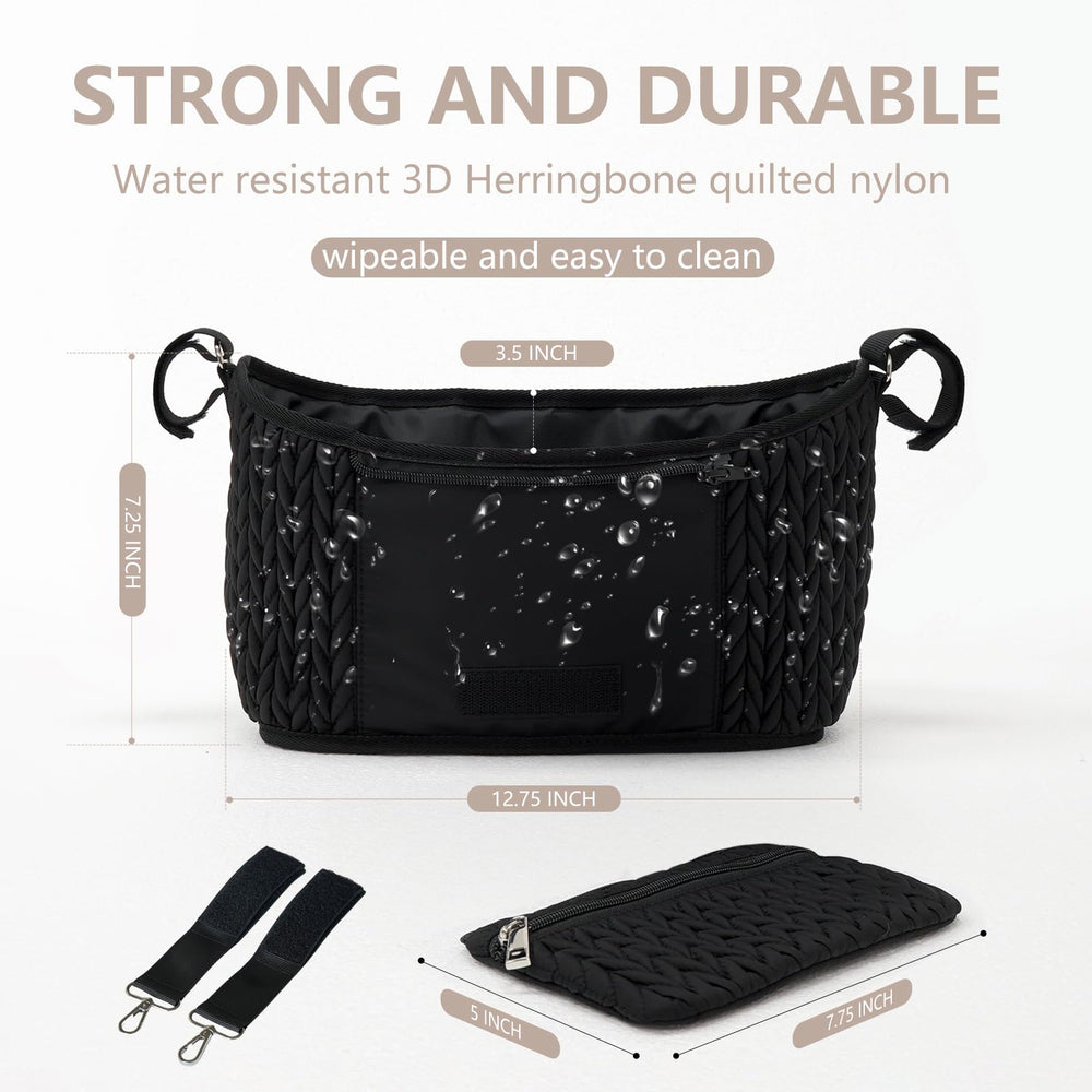 LUKJOJO stroller organizer with adjustable dividers adapts to large items like a big bottle.