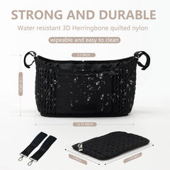 LUKJOJO stroller organizer with adjustable dividers adapts to large items like a big bottle.