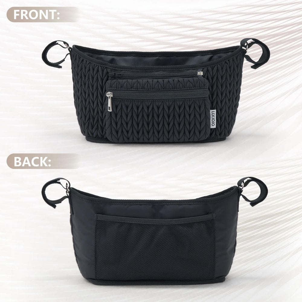 LUKJOJO stroller organizer with extra straps for flexible use beyond the stroller.