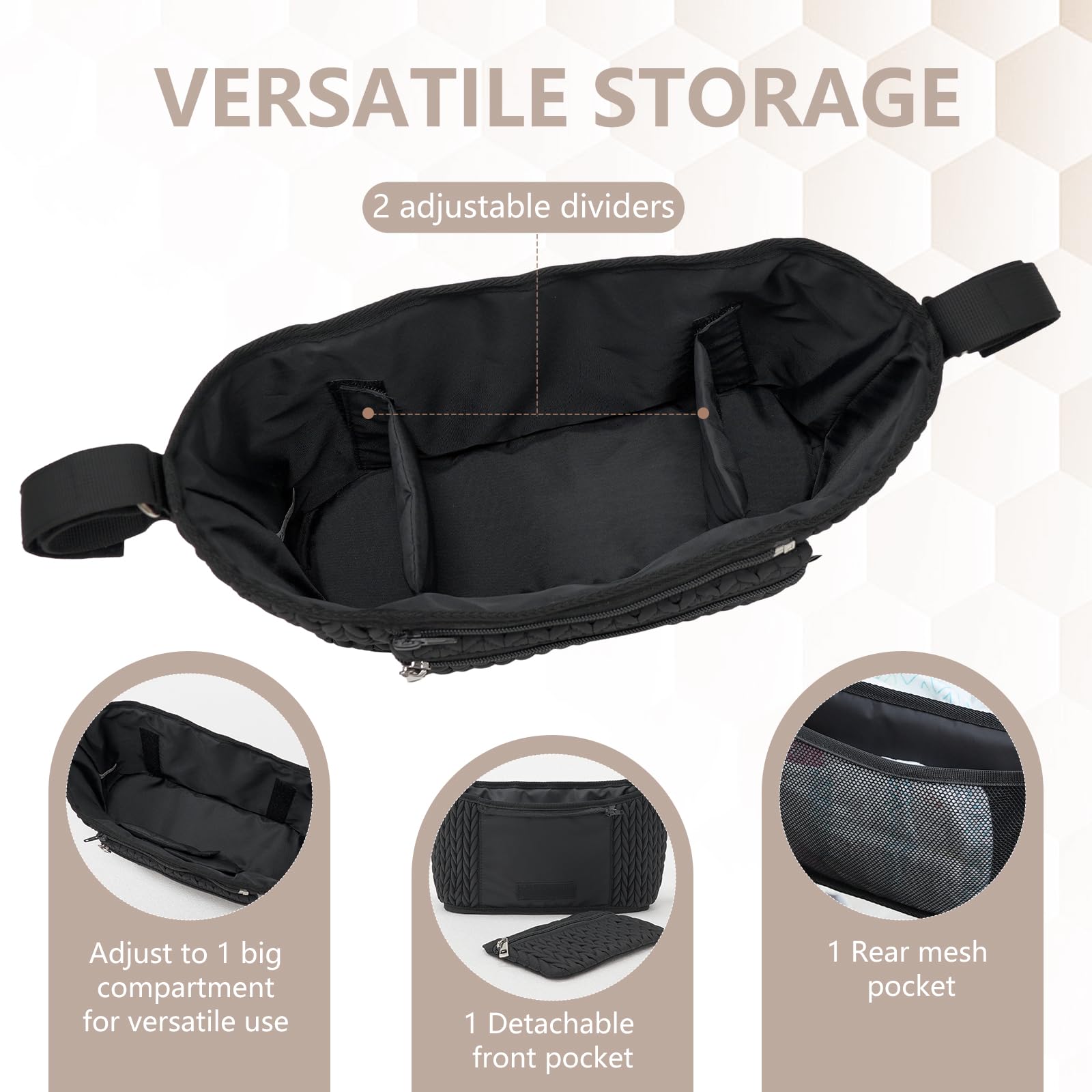 LUKJOJO stroller organizer detachable front pocket provides quick-access purse or essentials.