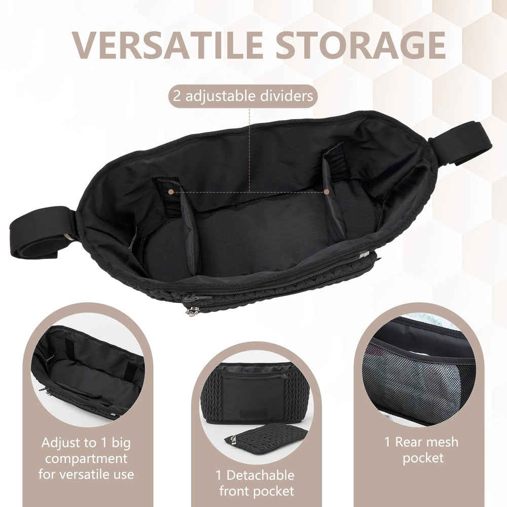 LUKJOJO stroller organizer detachable front pocket provides quick-access purse or essentials.