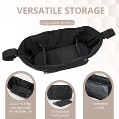 LUKJOJO stroller organizer detachable front pocket provides quick-access purse or essentials.