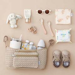 LUKJOJO stroller organizer nylon material highlights durable, water-resistant design for outings.