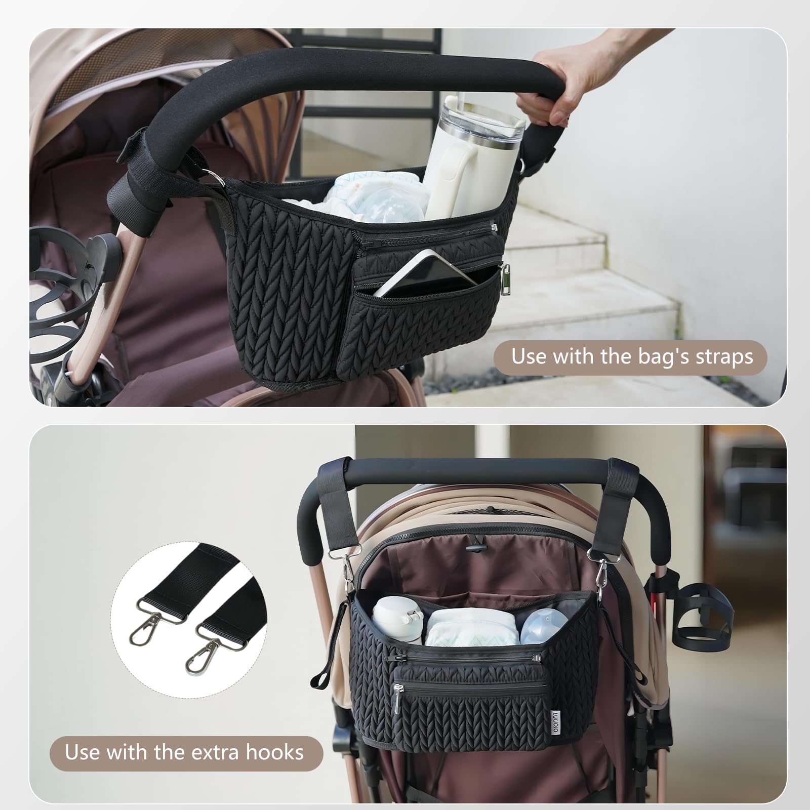 LUKJOJO stroller organizer universal fit attaches to most stroller handles.