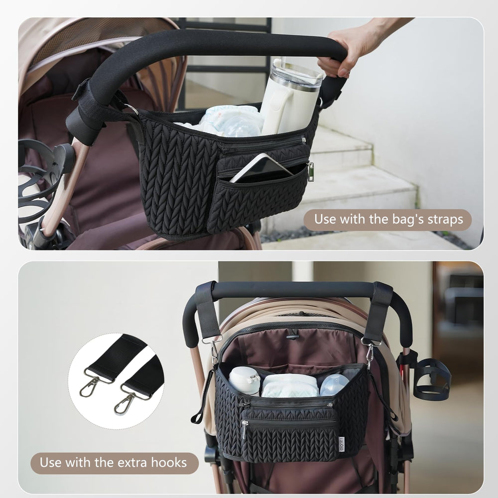 LUKJOJO stroller organizer universal fit attaches to most stroller handles.