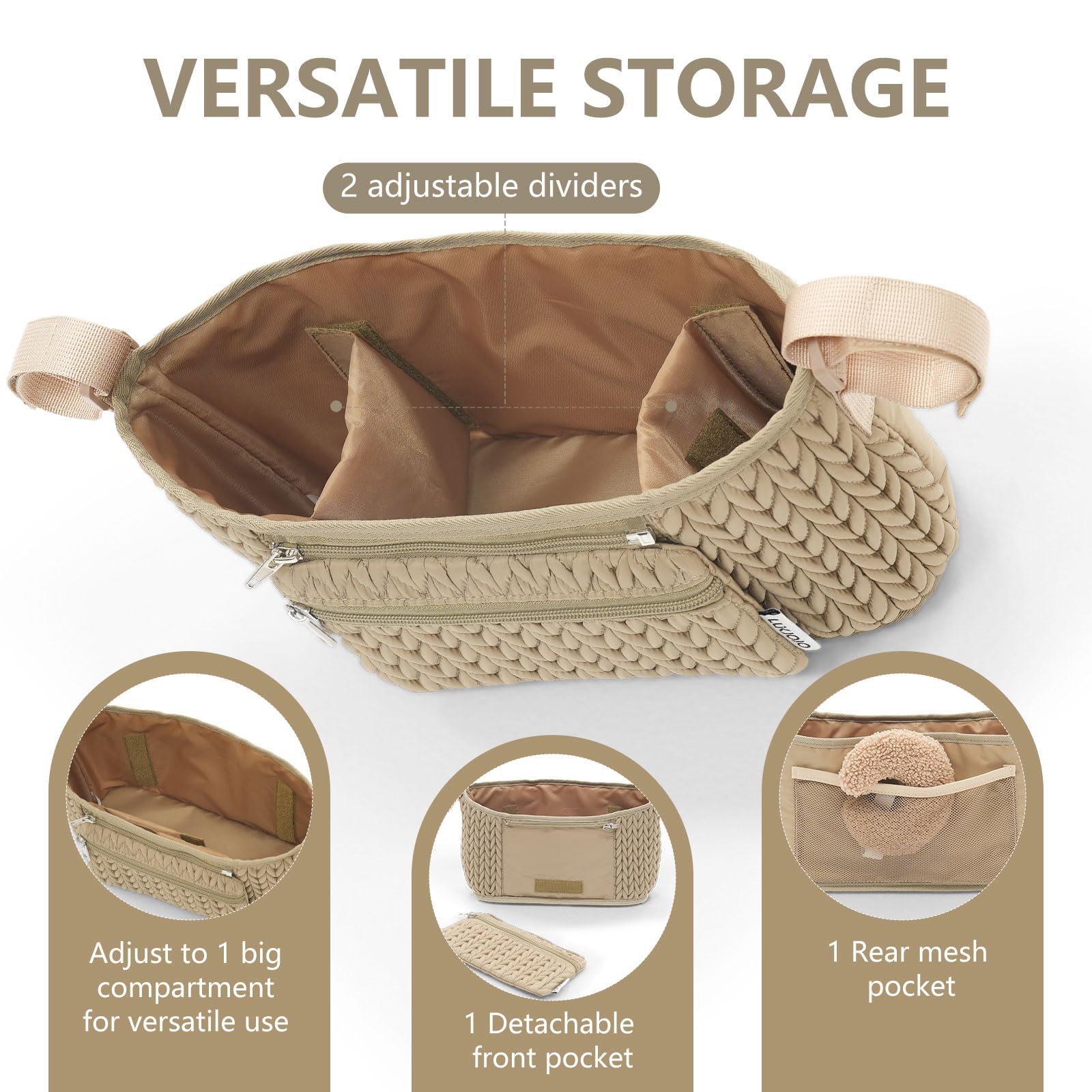 LUKJOJO universal-fit organizer shown attached to different stroller handles.