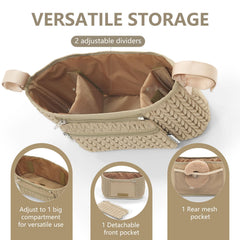 LUKJOJO universal-fit organizer shown attached to different stroller handles.