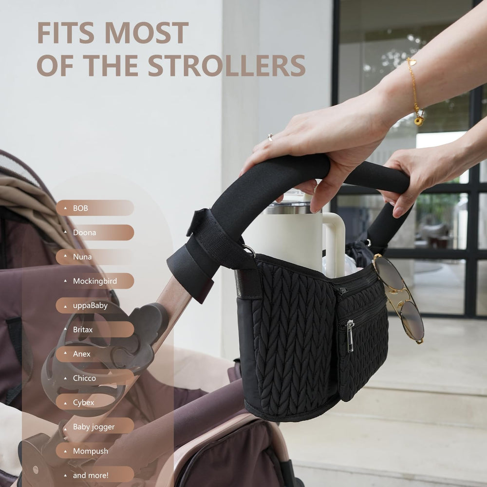 LUKJOJO stroller organizer water-resistant nylon protects contents on trips outdoors.