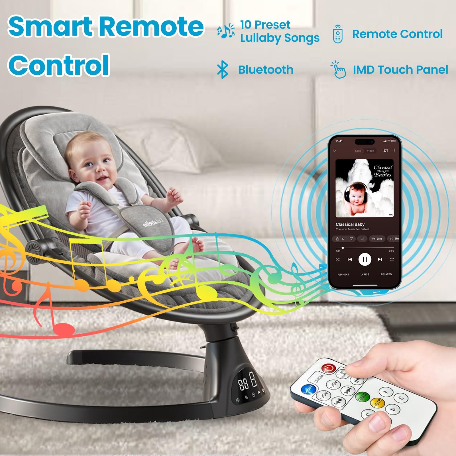 Lulabelle electric baby swing 5-sway-speeds offering gentle motions for mood shifts