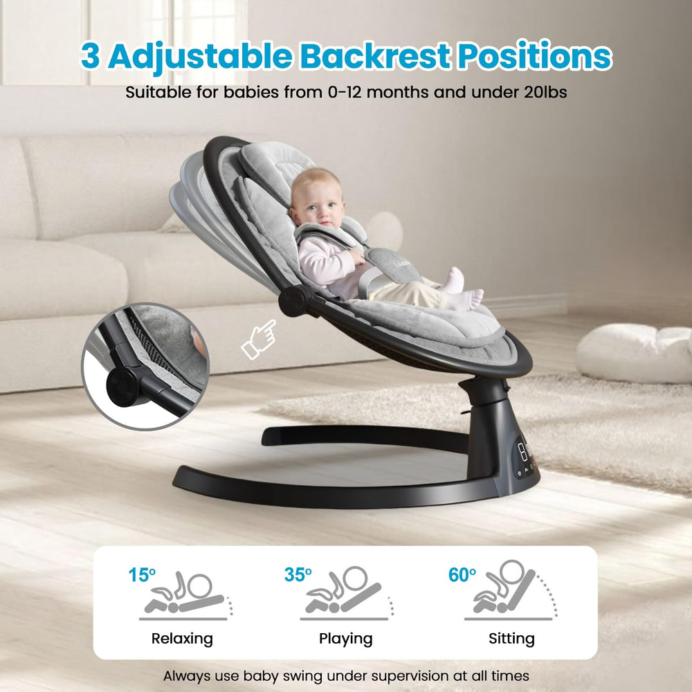 Lulabelle electric baby swing remote-control in use for easy timing and soothing