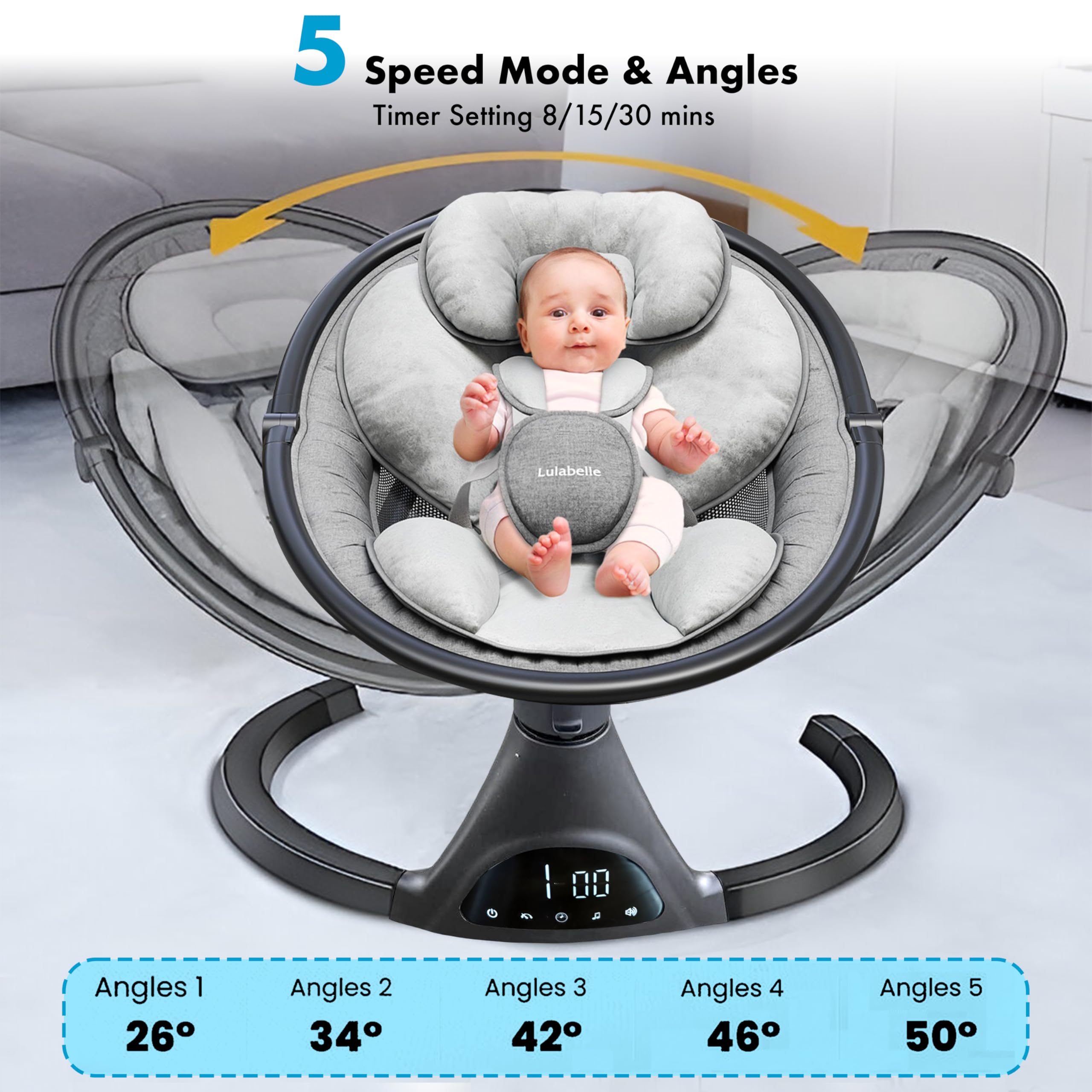 Lulabelle electric baby swing seat closeup showing soft fabric and harness