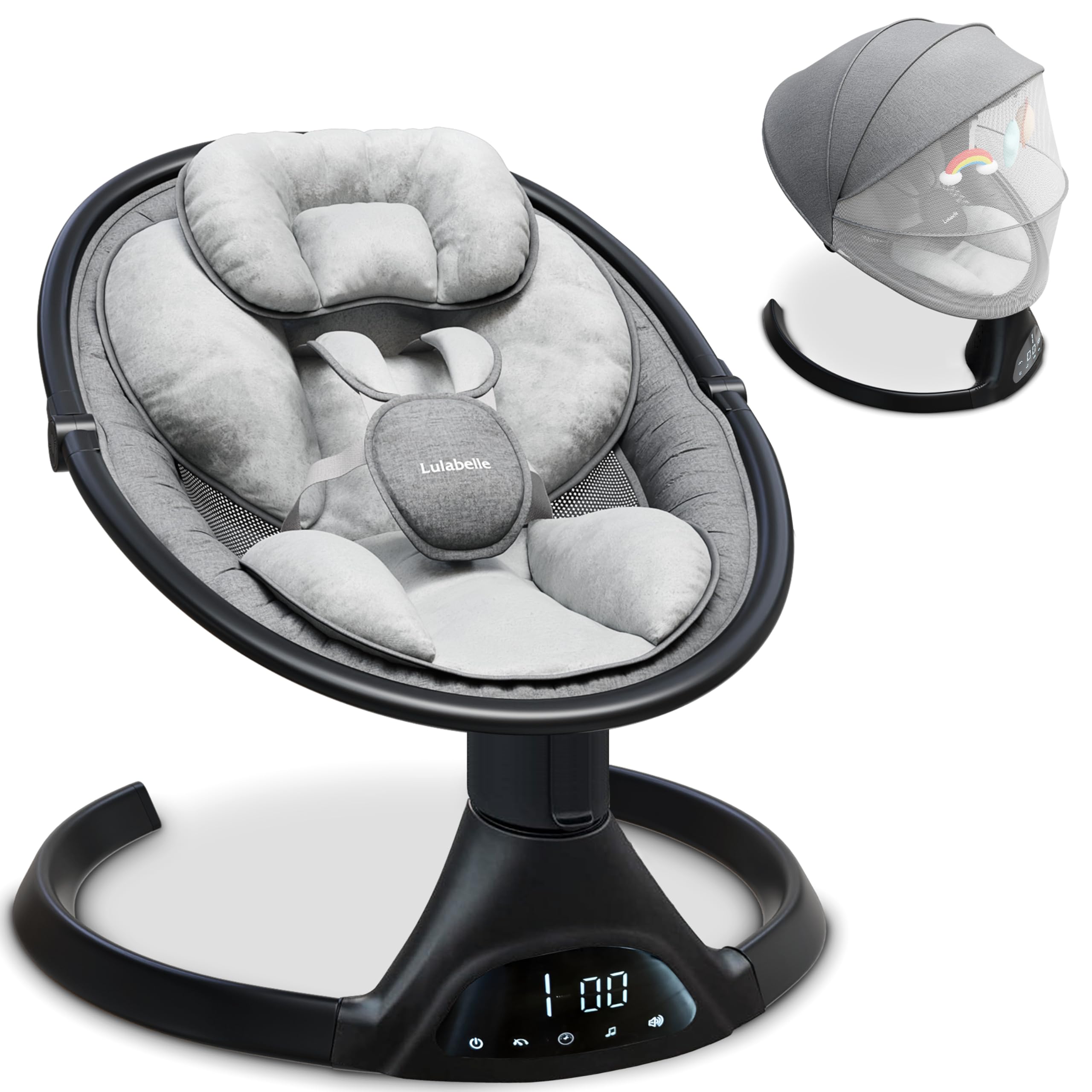 Lulabelle electric baby swing side-view demonstrating soothing motion for infant calm and comfort