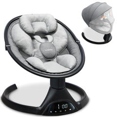 Lulabelle electric baby swing side-view demonstrating soothing motion for infant calm and comfort