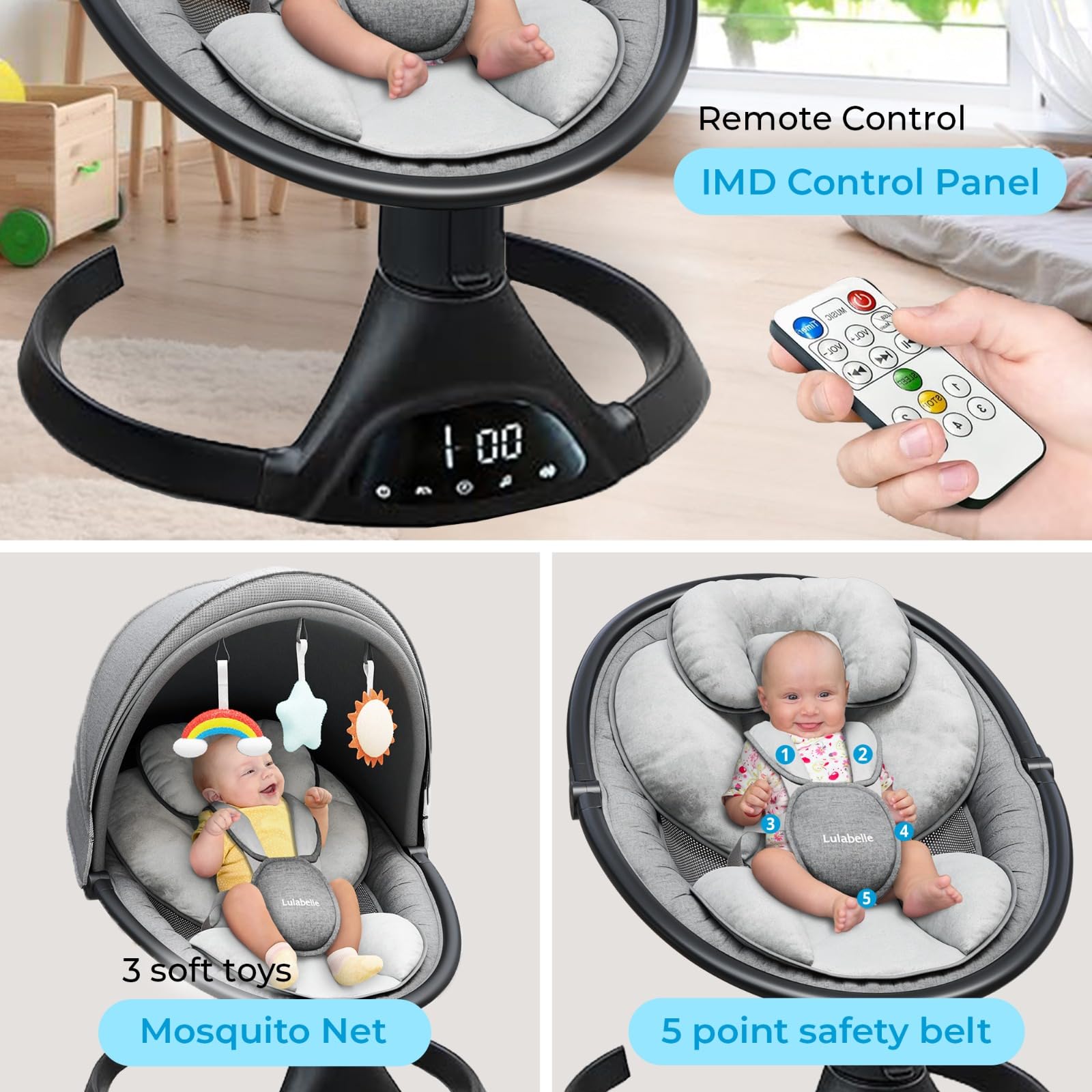 Lulabelle electric baby swing washable fabric simplifies cleanup after feedings