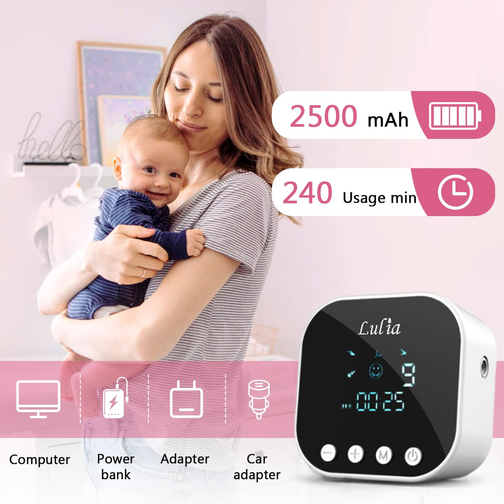 Lulia pump operates quietly with long battery life for extended sessions.
