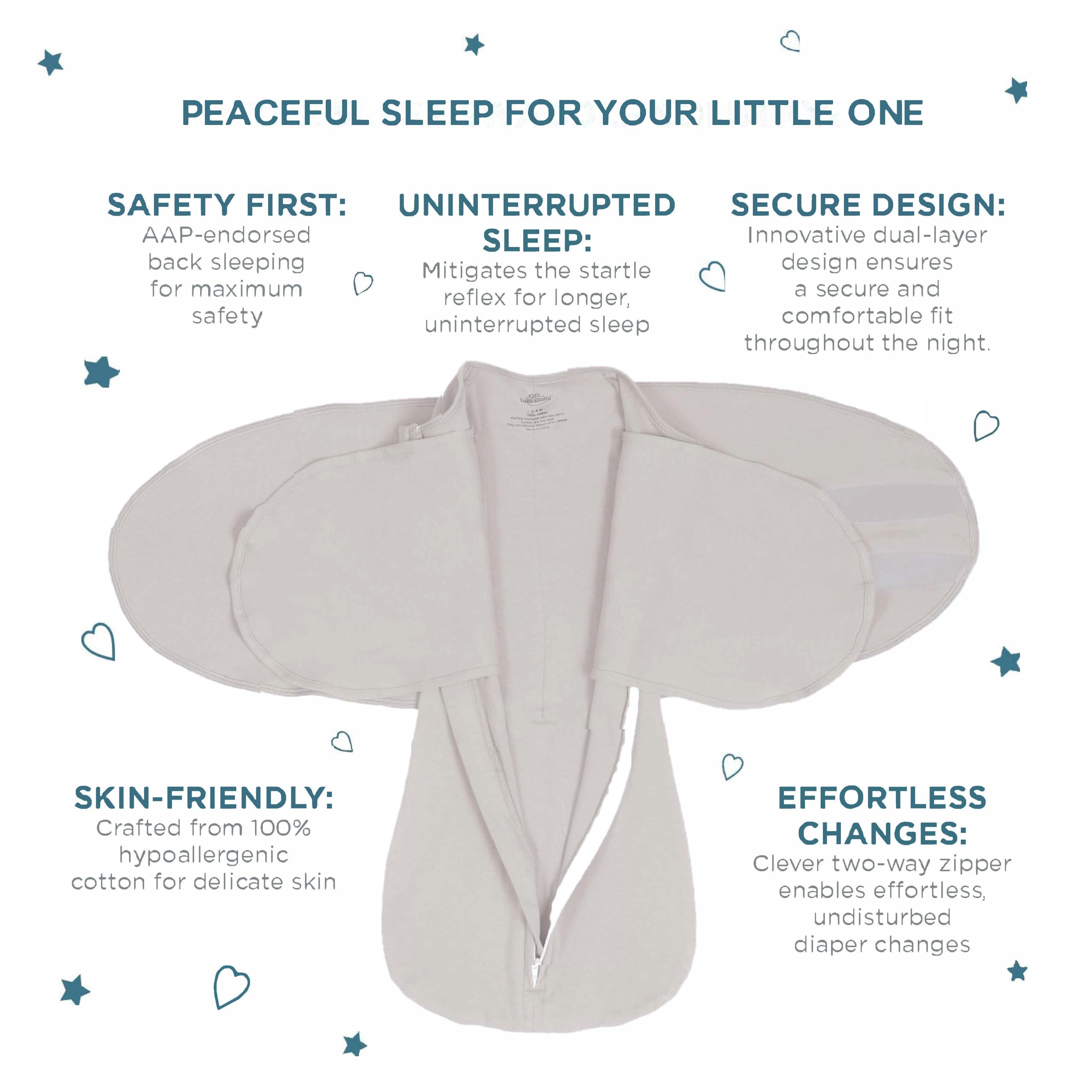 LullaBaby Baby wrapped securely for nap time in Coastal Breeze