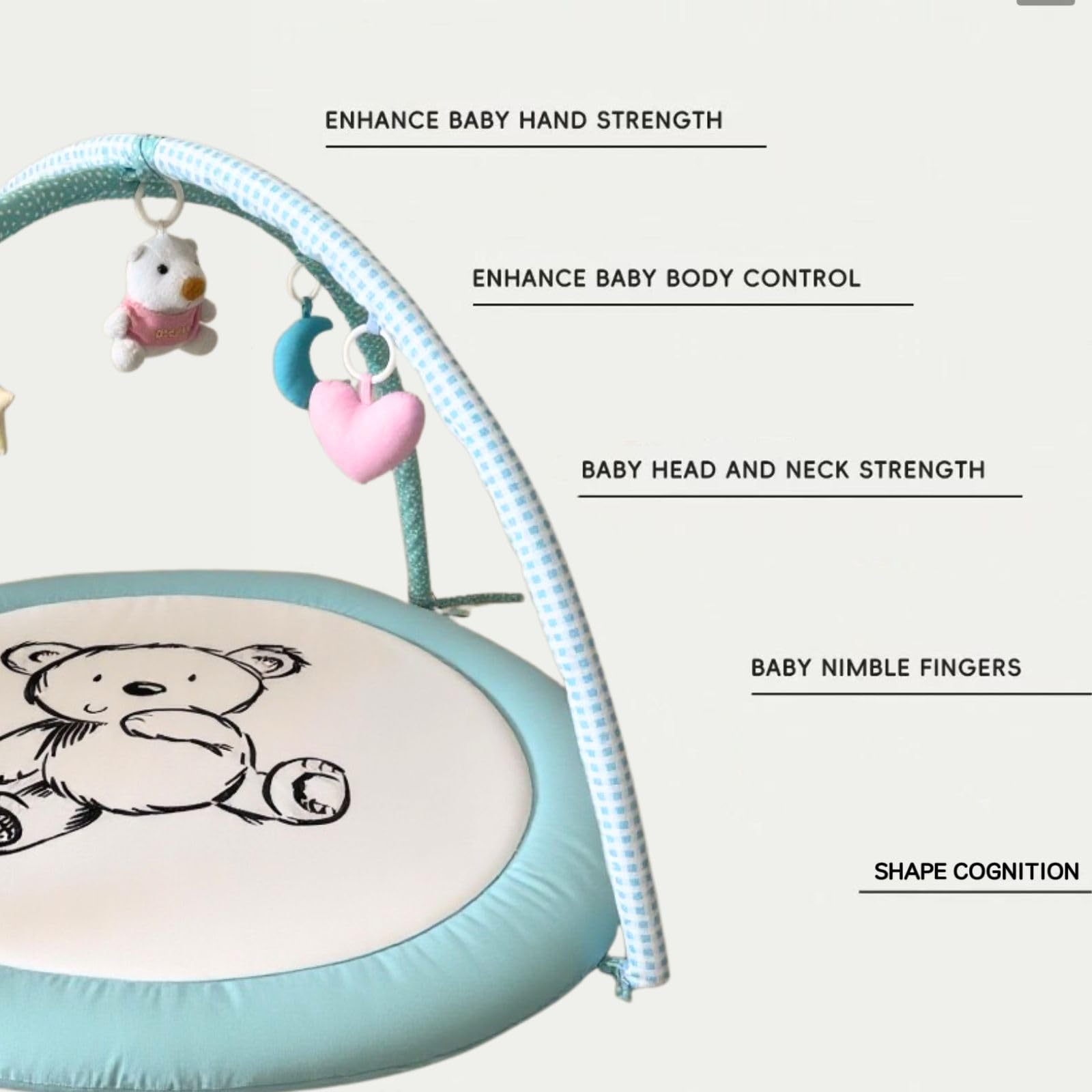 Lullaby Cotton blue-bear themed play space promotes comforting baby playtime.