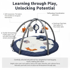 LULLABY COTTON detachable toys include crinkle, mirror, and teether for early sensory play.