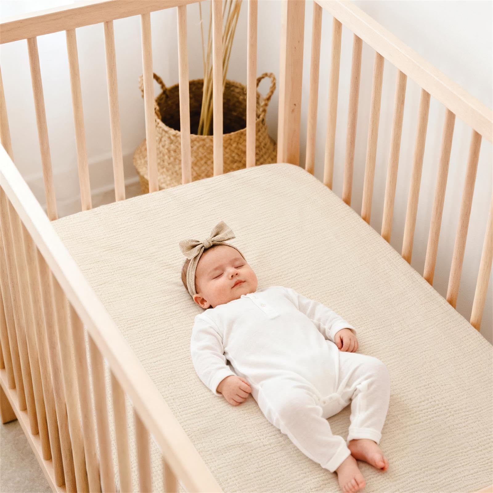Lulu Moon muslin crib sheets 9-inch pocket fit illustration demonstrates snug, safe fit