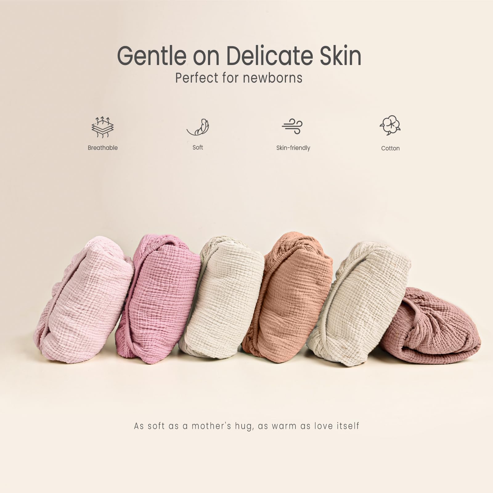 Lulu Moon muslin crib sheets snug fit close-up with 360-degree elastic.