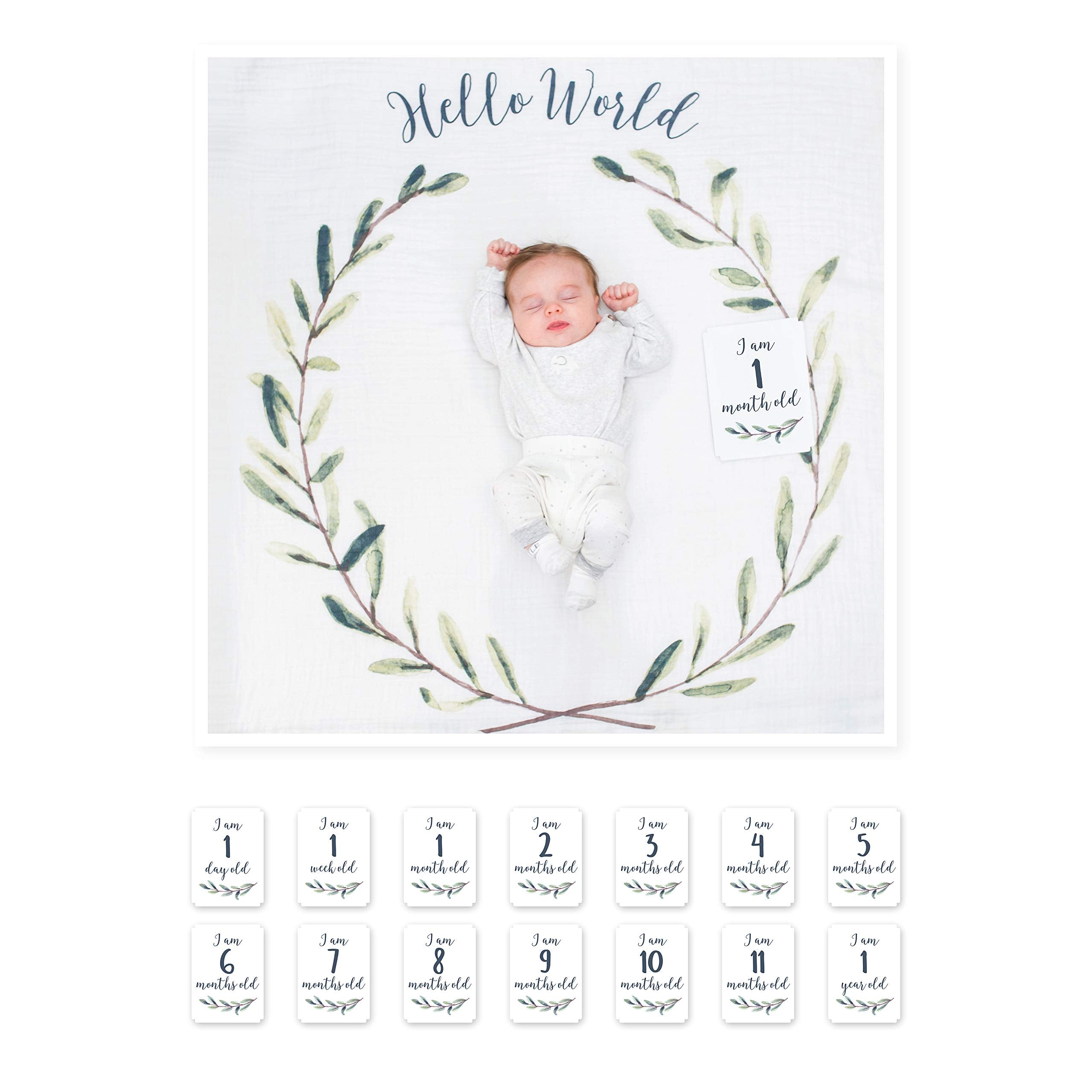 Lulujo Baby first year milestone blanket Hello World used as a soft backdrop for photos.