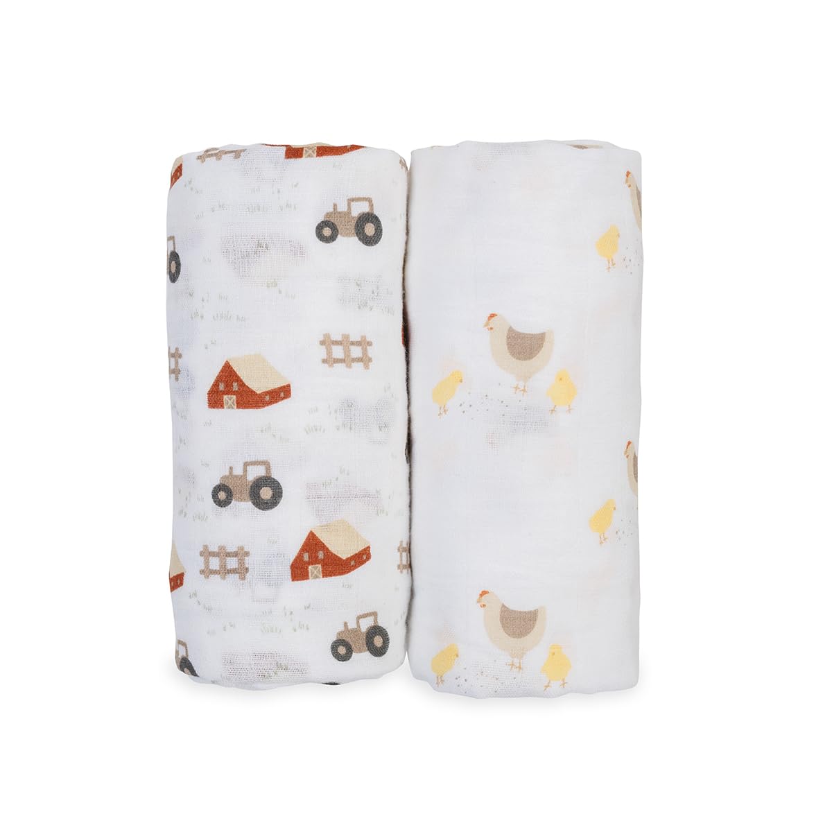 Lulujo Baby Swaddle Barn Yard print close-up shows soft breathable muslin.