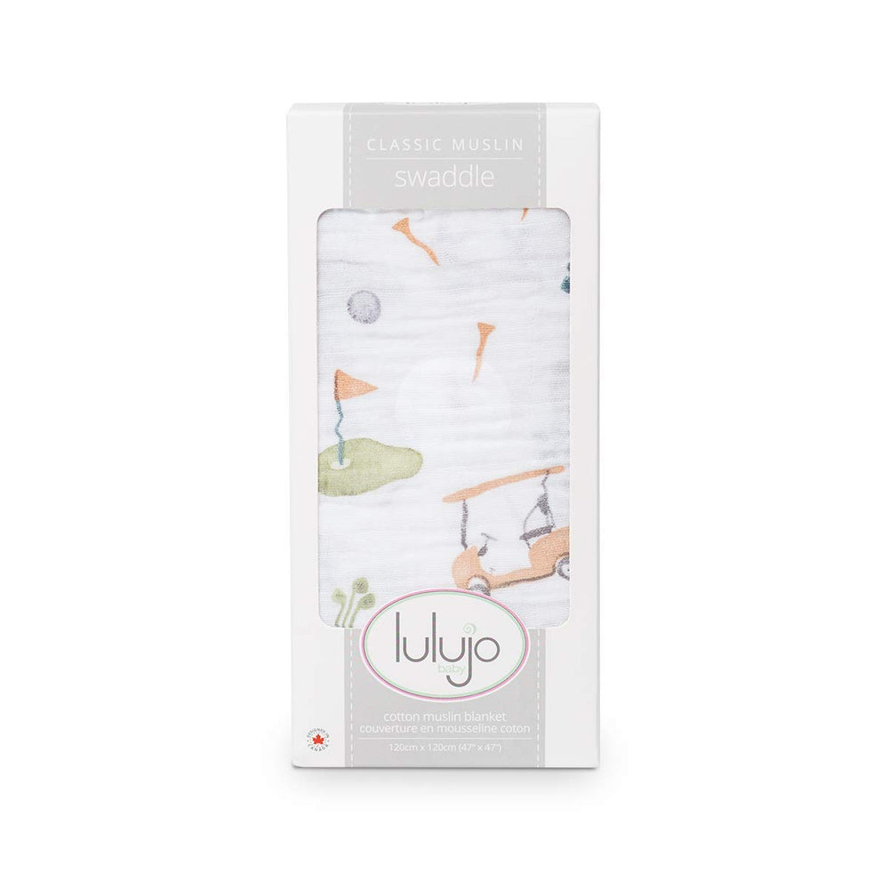 Lulujo Golf Swaddle promotes cozy, secure feeling during early parent-baby moments