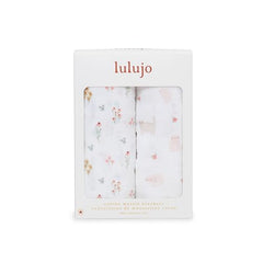 Lulujo breathable muslin swaddle keeps baby cool with airy comfort.