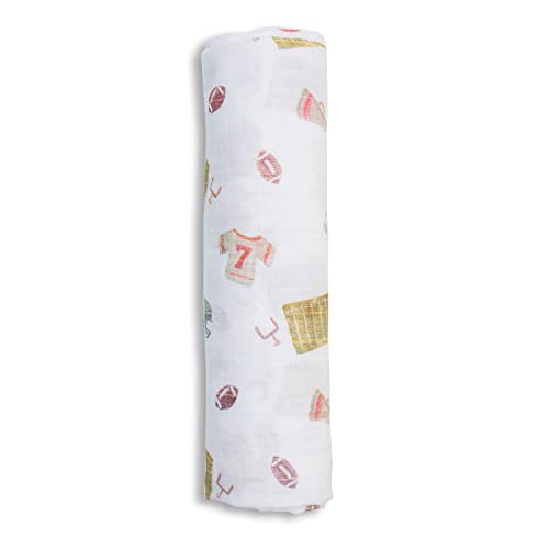 Folded Lulujo football swaddle blanket shows extra-large size for multiple uses.