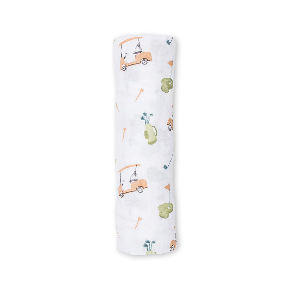 Lulujo Golf Swaddle blanket full view highlights 47x47 inches for versatile baby covering
