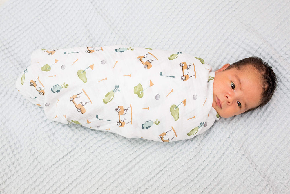Lulujo Golf Swaddle is machine washable for easy after-bath or messy days